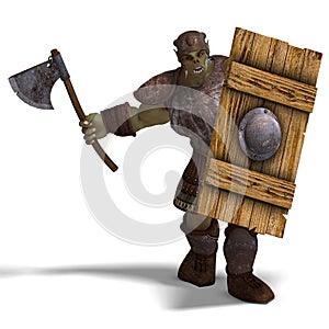 Male Fantasy Orc Barbarian with Giant Axe. 3D