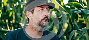 Male farmer and agronomist posing in green corn crop agricultural field and looking into distance while contemplating