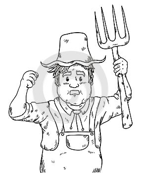 Angry farmer with raised fist and rake in hand drawn style, Vector illustration