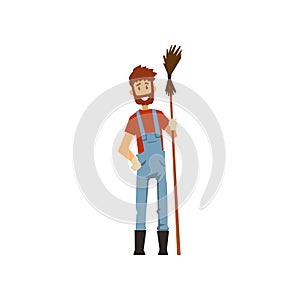 Male farmer with broom, farm worker with gardening tool vector Illustration on a white background