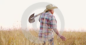 Male farmer in check shirt, straw hat and jeans walking in wheat field holding shovel on shoulder