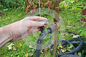 Male farmer opens a water tap in his garden