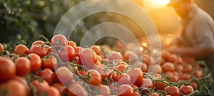 Male farmer picking fresh tomatoes from his hothouse garden