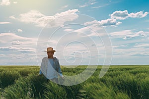 Male farmer walking through wheat field