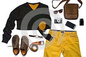 Male fashion accessories flat lay isolated