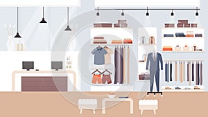 Male fashion store, clothing shop vector illustration, cartoon flat empty showroom interior with trendy fashionable man