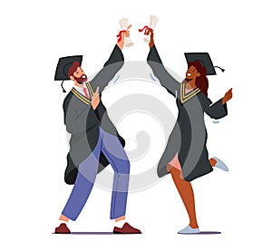 Male and Female Alumnus Characters Graduating University, College or School. Cheerful Graduates People in Academical Cap photo