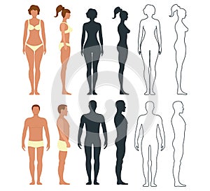 Male and female anatomy human character, people dummy front and view side body silhouette, isolated on white, flat vector