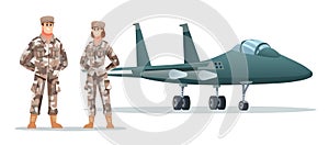 Male and female army soldier characters with military jet fighter