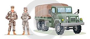 Male and female army soldier characters with military truck