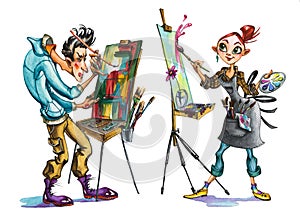 Samec a žena umelci ručně malované akvarel ilustrácie 