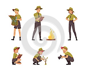 Male and Female as Park Ranger or Forest Rangers Protecting and Preserving National Parklands Vector Set