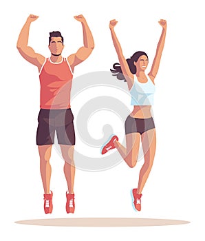 Male and female athletes celebrate victory with raised arms. Fit couple happy after a workout. Joy and success in