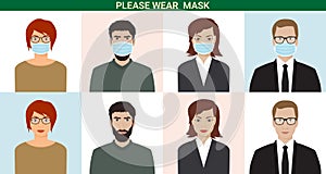 Male and female avatars in medical masks to prevent coronavirus Covid-19. Vector icons set