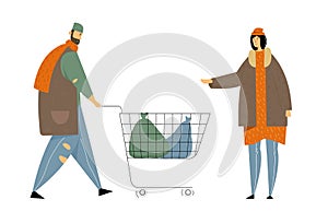 Male and Female Beggars Characters Wearing Ragged Clothing Pick Up Garbage on Street to Shopping Cart, Homeless