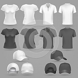 Male and female black white t-shirt and baseball cap vector 3d mockup isolated