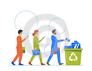 Male And Female Business Characters Throw Mobile Phones Into Litter Bin. Concept Of Taking Break From Technology
