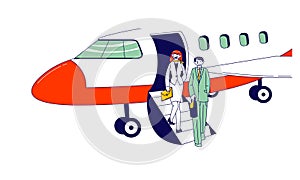 Male and Female Businesspeople Characters Stand on Airplane Ladder Waiting Meeting Person in Airport