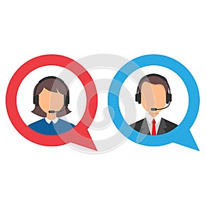 Male and female call center icon works in headphones with a microphone