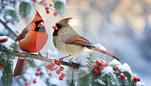 Male and female cardinals on snow covered evergreen branch in winter