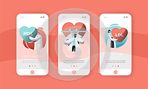 Male and Female Cardiology Doctor or Health Care Worker Mobile App Page Onboard Screen Set. Checking Patient Heart Rate