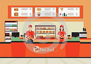 Male and female cashier at fast food restaurant interior.