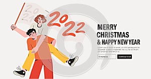 Male and female character celebrate christmas or new year. Man hold woman with flag with 2022 numbers