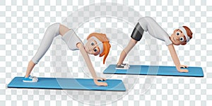 Male and female character doing yoga. Man and woman stand on mat
