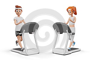 Male and female character running on treadmill. People train on sports equipment