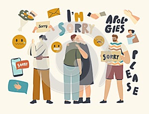 Male Female Characters Apologize. People Say Sorry, Hugging Each Other and Ask to Forgive for Mistake or Offensive Words