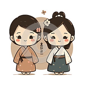 Male and female characters in Asian kids traditional costume. Cute figures illustration