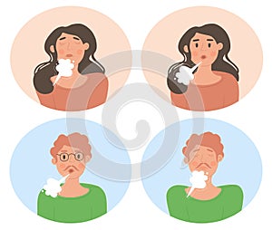 Male and female characters are doing inhale exhale breathing exercise together on white background