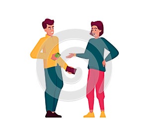 Male and Female Characters Finance Relations. Dissatisfied Husband Gives Salary To His Wife Cartoon Vector Illustration