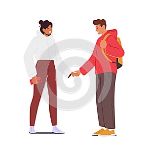 Male and Female Characters Holding Hands Front View. Loving Couple Romantic Relations. Man and Woman Walking