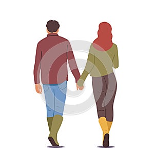 Male and Female Characters Holding Hands Rear View. Loving Couple Romantic Relations. Man and Woman Walking