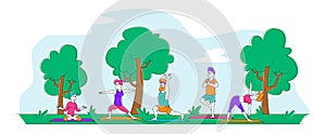 Male and Female Characters Outdoor Yoga Activity Concept. People Doing Sports Exercises in Park. Fitness