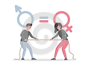 Male and female characters pulling rope against each other vector flat illustration. Battle of sexes concept.