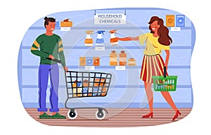 Male and female characters are purchasing household chemicals at the store