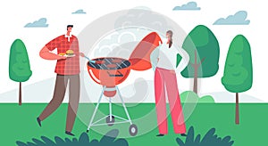 Male and Female Characters Spend Time on Outdoor Bbq Party or Summer Camp. Family or Friends Cooking Food, Camping