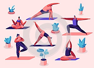 Male and Female Characters Sport Activities Set. People Doing Sports, Yoga Exercise, Fitness, Workout in Different Poses