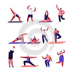 Male and Female Characters Sport Activities Set. People Doing Sports, Yoga Exercise, Fitness, Workout in Different Poses