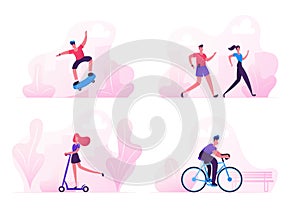 Male and Female Characters Sports Activity. Teenager Making Tricks on Skateboard, People Jogging in Park. Woman Riding Scooter