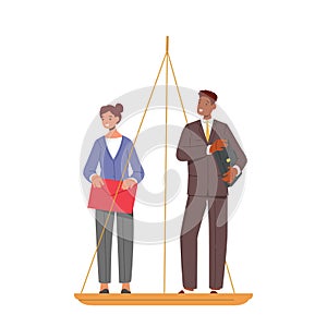 Male and Female Characters Stand on Scales, Discrimination In Corporation, Unjust Advantages Vector Illustration photo