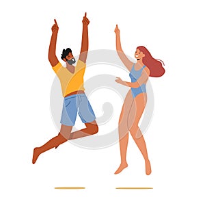 Male and Female Characters in Swimwear Rejoice, Jump. Happy People Jumping with Hands Up, Celebrating Beach Party