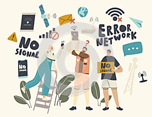 Male and Female Characters Trying to Search Signal of Wifi Router, Network Error, Lost Internet Wireless Connection