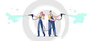 Male and Female Characters Work at Car Wash Service. Workers Wearing Uniform Pouring Water Using High Pressure Washer