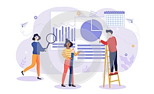 Male and female characters working on report document with pie chart and business information