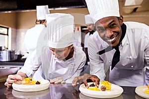 Male and female chefs garnishing delicious desserts in a plate