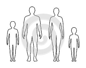 Male, female and children`s contour on white background, vector.