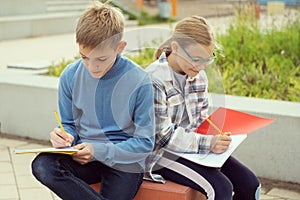 Male and female classmates studying in the school yard